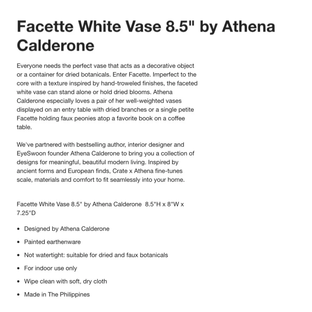 Crate and Barrel Facette White Vase 8.5